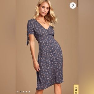 Marleigh Navy Blue Floral Print Tie-Sleeve Midi Dress